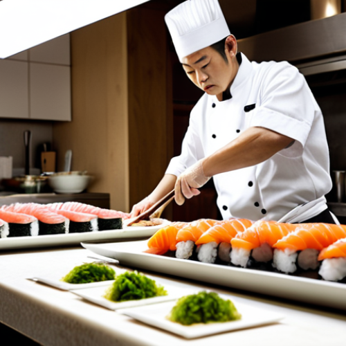 Home 11 **
Prompt: A seasoned Japanese chef in a modern Italian restaurant kitchen, meticulously preparing sushi. Focus on his hands expertly slicing fish. In the background, glimpses of a bustling kitchen team and elegant dining area. Natural lighting, high-resolution photograph.
**