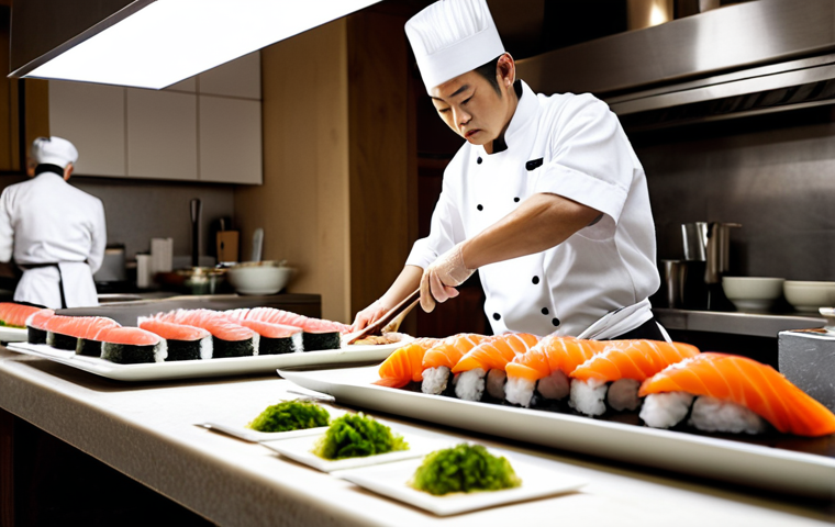 **
Prompt: A seasoned Japanese chef in a modern Italian restaurant kitchen, meticulously preparing sushi. Focus on his hands expertly slicing fish. In the background, glimpses of a bustling kitchen team and elegant dining area. Natural lighting, high-resolution photograph.
**
