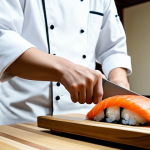 A professional Japanese sushi chef in a clean, modest white chef's jacket, fully clothed, standing behind a polished wooden sushi bar. The chef is focused, meticulously slicing a fresh piece of fish with a long, traditional Japanese knife. The scene captures the chef's precise movements and the artistry of the craft. Background features subtle, clean Japanese decor. High resolution, professional photography, sharp focus, natural lighting, perfect anatomy, correct proportions, natural pose, well-formed hands, proper finger count. safe for work, appropriate content, professional dress.
