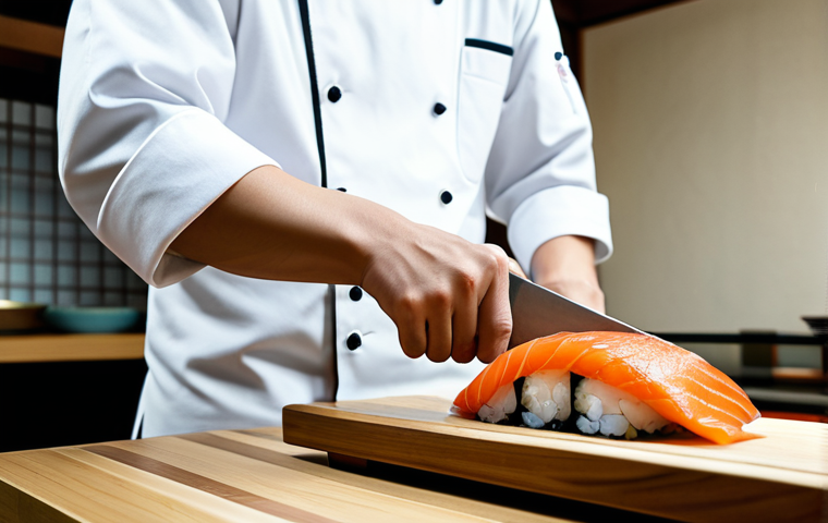 A professional Japanese sushi chef in a clean, modest white chef's jacket, fully clothed, standing behind a polished wooden sushi bar. The chef is focused, meticulously slicing a fresh piece of fish with a long, traditional Japanese knife. The scene captures the chef's precise movements and the artistry of the craft. Background features subtle, clean Japanese decor. High resolution, professional photography, sharp focus, natural lighting, perfect anatomy, correct proportions, natural pose, well-formed hands, proper finger count. safe for work, appropriate content, professional dress.