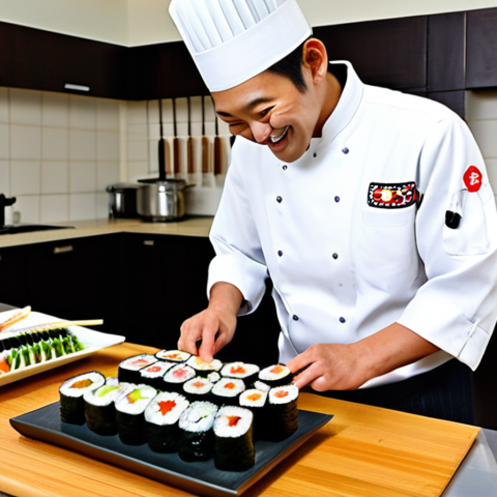 Sushi Chef Presentation**

"A skilled chef in a clean, professional kitchen, fully clothed in chef's whites, demonstrating the art of sushi preparation. The chef is smiling and engaging, showcasing a beautifully arranged plate of sushi with vibrant colors. Background includes traditional Japanese kitchen elements like bamboo mats and ceramic dishes.  Perfect anatomy, correct proportions, natural pose, well-formed hands, proper finger count, professional food photography, safe for work, appropriate content, fully clothed, family-friendly."

**