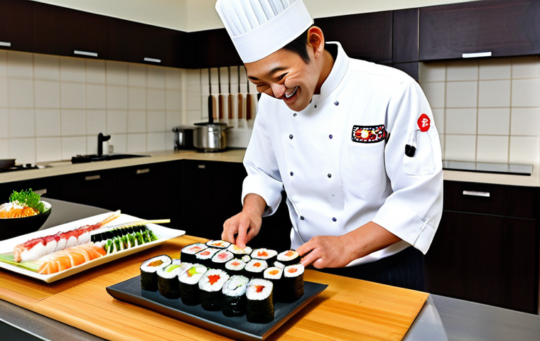 Sushi Chef Presentation**

"A skilled chef in a clean, professional kitchen, fully clothed in chef's whites, demonstrating the art of sushi preparation. The chef is smiling and engaging, showcasing a beautifully arranged plate of sushi with vibrant colors. Background includes traditional Japanese kitchen elements like bamboo mats and ceramic dishes.  Perfect anatomy, correct proportions, natural pose, well-formed hands, proper finger count, professional food photography, safe for work, appropriate content, fully clothed, family-friendly."

**