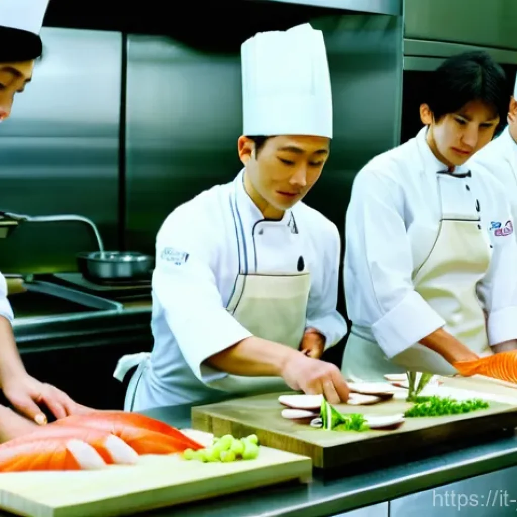 일식조리 기능사 시험 최신 트렌드 - **Prompt**: A high-angle, detailed shot of an experienced Italian-Japanese chef, wearing a crisp whi...