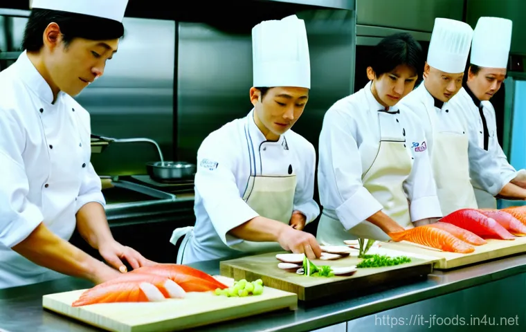 일식조리 기능사 시험 최신 트렌드 - **Prompt**: A high-angle, detailed shot of an experienced Italian-Japanese chef, wearing a crisp whi...