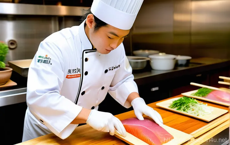 일식조리 기능사 이론 시험 공부법 - **Subject**: A highly skilled Japanese chef, gender-neutral, wearing a pristine, traditional white c...