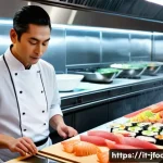 일식조리사와 관련된 최신 트렌드 - A modern Italian-Japanese fusion kitchen scene in Milan, featuring a professional Japanese chef wear...