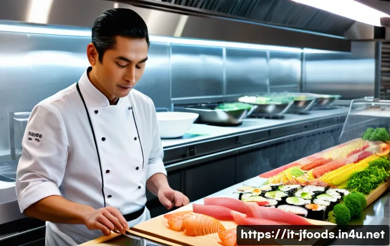 일식조리사와 관련된 최신 트렌드 - A modern Italian-Japanese fusion kitchen scene in Milan, featuring a professional Japanese chef wear...