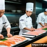 일식조리사 직업 만족도 - A bustling Japanese kitchen scene during peak hours, with focused chefs wearing traditional white ch...