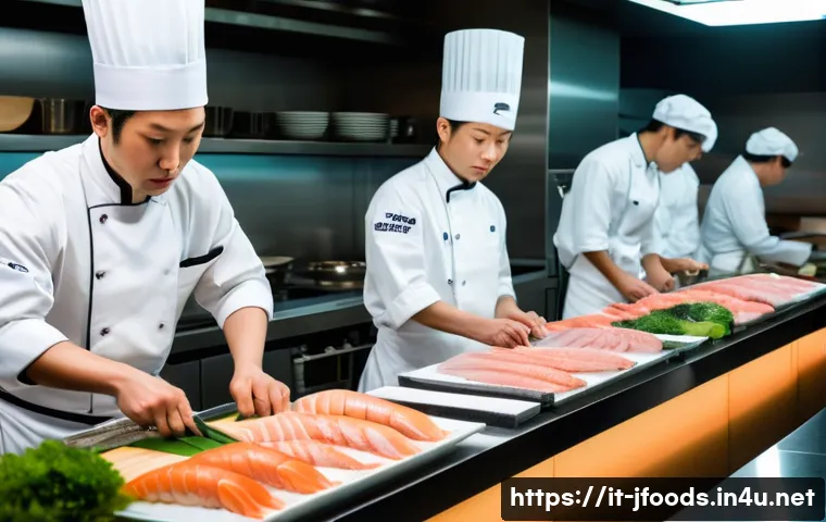 일식조리사 직업 만족도 - A bustling Japanese kitchen scene during peak hours, with focused chefs wearing traditional white ch...