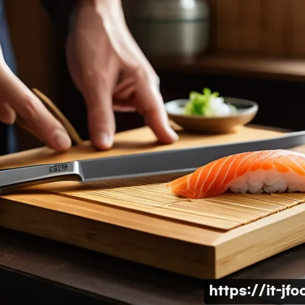 일식조리사 필수 장비 및 도구 - A close-up scene of a traditional Japanese kitchen workspace featuring a sharp Yanagiba knife with a...