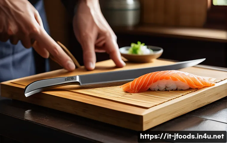 일식조리사 필수 장비 및 도구 - A close-up scene of a traditional Japanese kitchen workspace featuring a sharp Yanagiba knife with a...