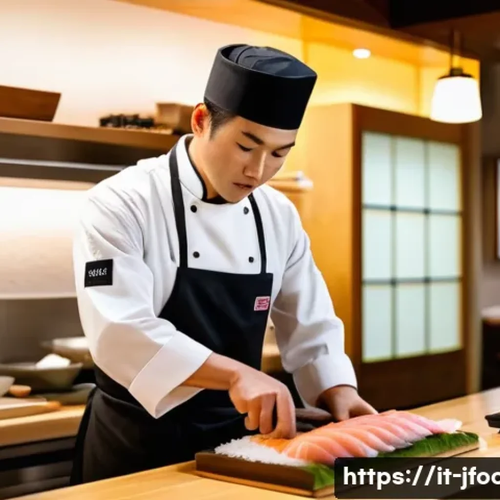 일식조리사 경력직 인터뷰 준비 - A professional Japanese sushi chef in a modern Milanese restaurant kitchen, wearing a traditional wh...