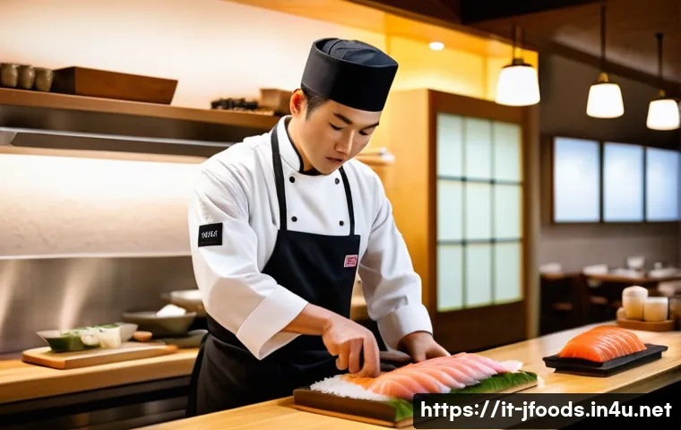 일식조리사 경력직 인터뷰 준비 - A professional Japanese sushi chef in a modern Milanese restaurant kitchen, wearing a traditional wh...