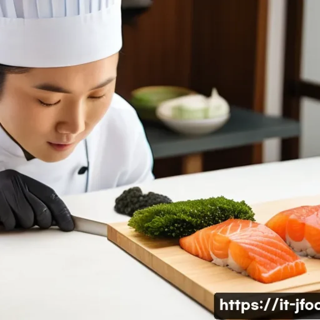 일식조리사로 일하며 느낀 보람 - A traditional Japanese sushi chef meticulously slicing fresh autumn-winter salmon with a precise hir...