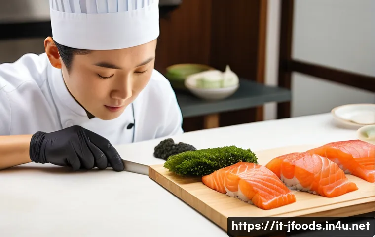 일식조리사로 일하며 느낀 보람 - A traditional Japanese sushi chef meticulously slicing fresh autumn-winter salmon with a precise hir...