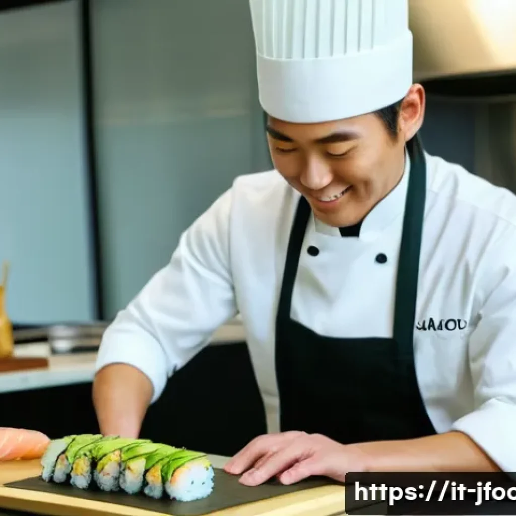 일식조리사로 일하며 경험한 재미있는 사례 - A professional Japanese sushi chef in a modern, clean kitchen preparing a custom sushi roll with avo...