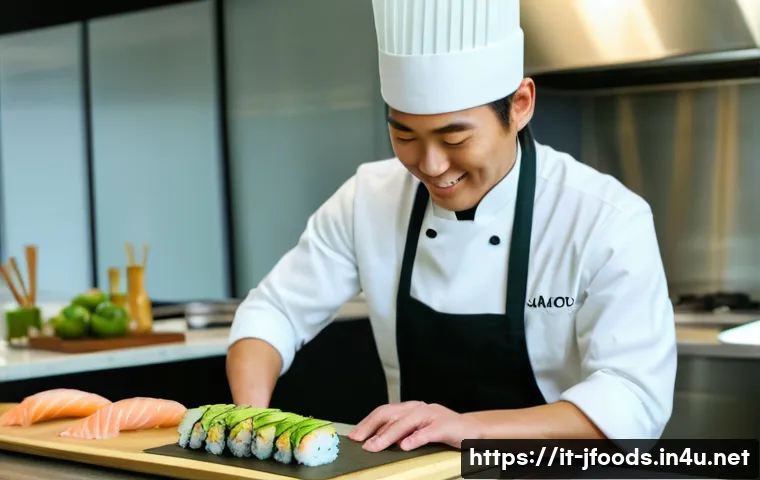 일식조리사로 일하며 경험한 재미있는 사례 - A professional Japanese sushi chef in a modern, clean kitchen preparing a custom sushi roll with avo...
