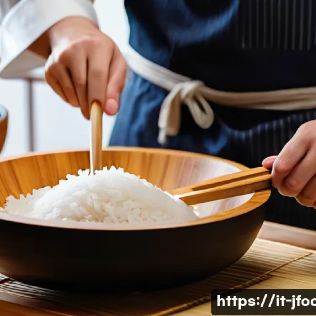 일식조리 실기 시험 주요 실수 방지법 - A professional Japanese kitchen scene featuring a chef carefully preparing sushi rice using traditio...
