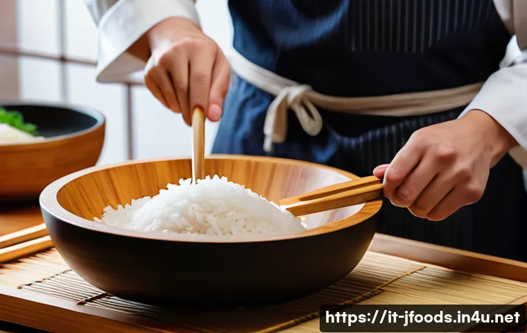 일식조리 실기 시험 주요 실수 방지법 - A professional Japanese kitchen scene featuring a chef carefully preparing sushi rice using traditio...