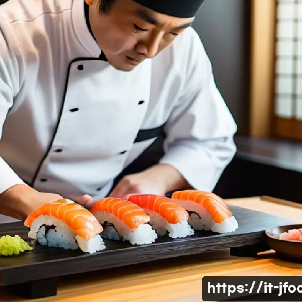 일식조리사로 이직 준비 시 주의할 점 - A traditional Japanese sushi chef in a pristine, orderly kitchen, meticulously preparing sushi with ...