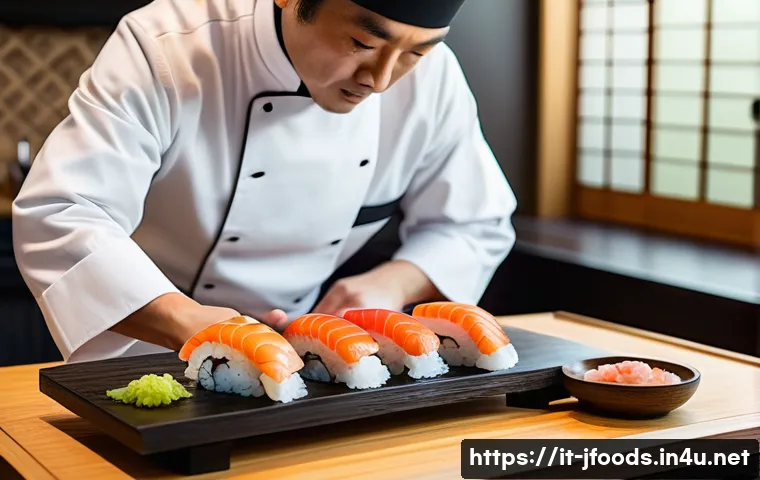 일식조리사로 이직 준비 시 주의할 점 - A traditional Japanese sushi chef in a pristine, orderly kitchen, meticulously preparing sushi with ...