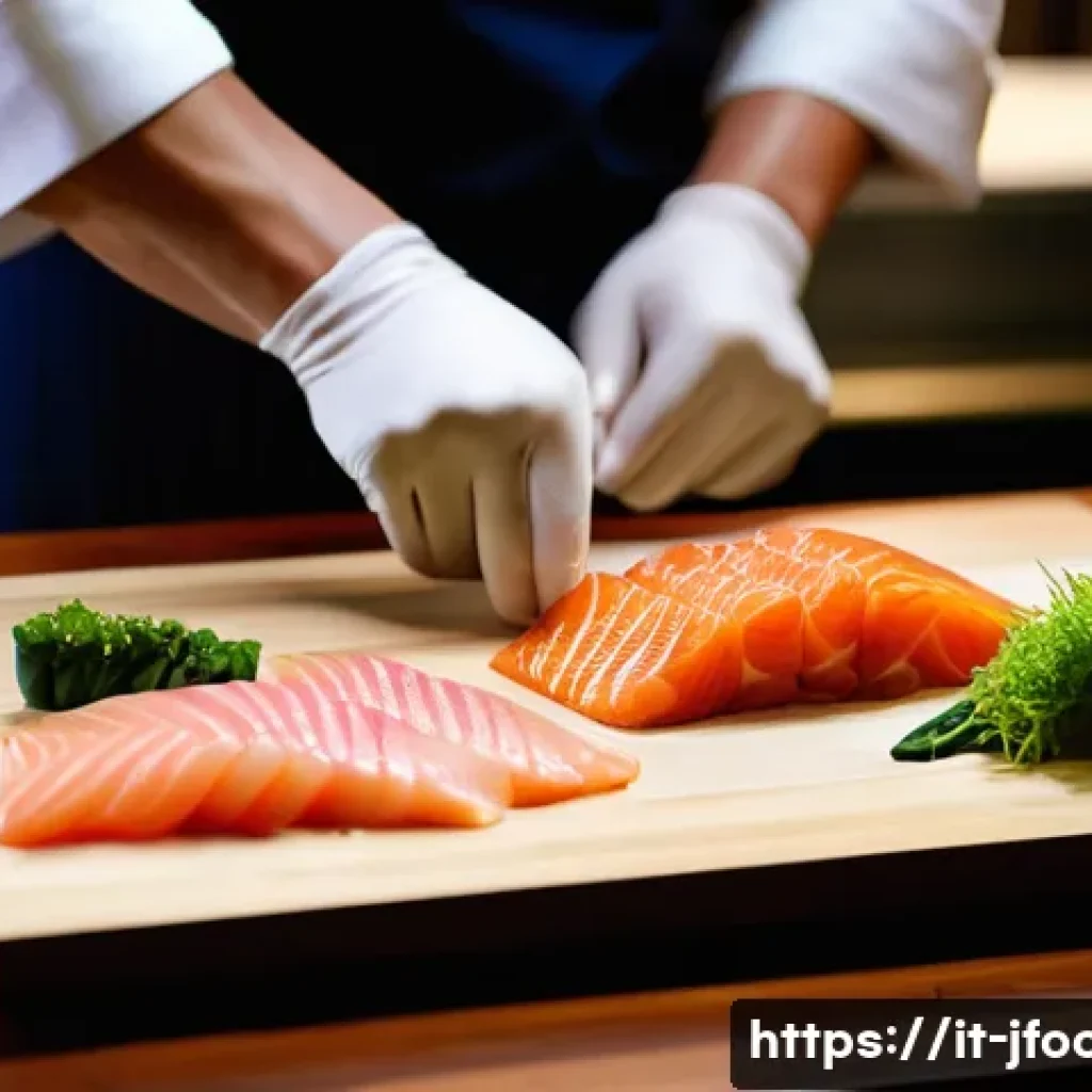 일식조리사 근무 환경과 적응 방법 - A traditional Japanese kitchen scene featuring a professional chef carefully preparing sashimi with ...