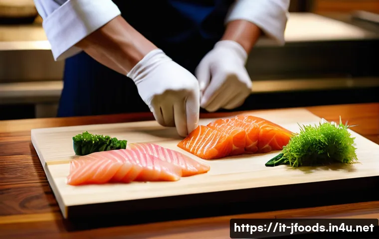 일식조리사 근무 환경과 적응 방법 - A traditional Japanese kitchen scene featuring a professional chef carefully preparing sashimi with ...