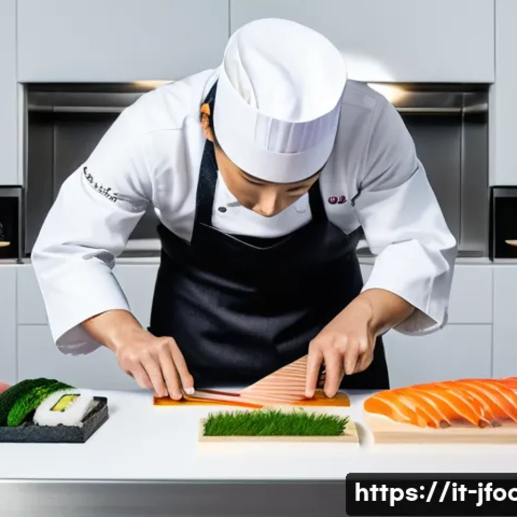 일식조리사와 관련된 국제 요리 대회 - A high-level competitive sushi chef station set in a modern Tokyo kitchen during the World Sushi Cup...