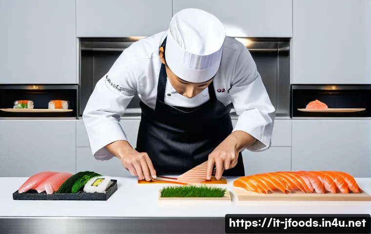 일식조리사와 관련된 국제 요리 대회 - A high-level competitive sushi chef station set in a modern Tokyo kitchen during the World Sushi Cup...