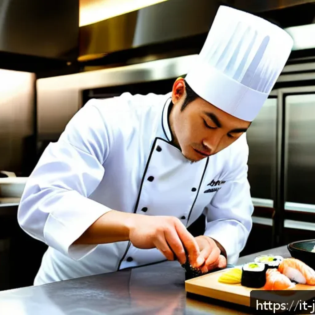 일식조리 기능사 자격증 보유자 연봉 평균 - A professional Japanese chef working in a high-end Italian restaurant kitchen in Milan, dressed in c...
