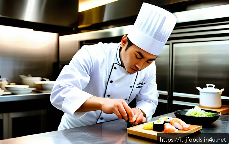 일식조리 기능사 자격증 보유자 연봉 평균 - A professional Japanese chef working in a high-end Italian restaurant kitchen in Milan, dressed in c...