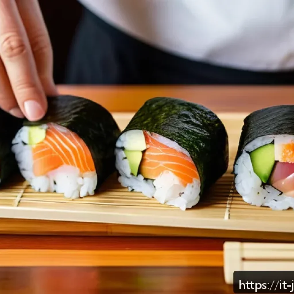 일식조리사 필수 레시피 모음 - A close-up, high-resolution image of a traditional Japanese sushi preparation scene in a modern Ital...