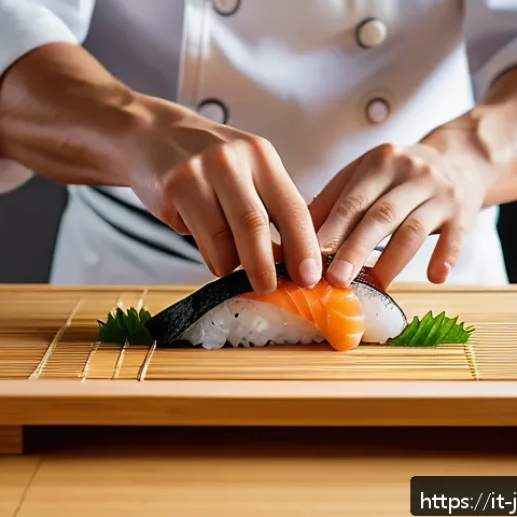 일식조리사 실기 시험 체크리스트 - A professional Japanese sushi chef in a clean, organized kitchen preparing nigiri sushi with precise...