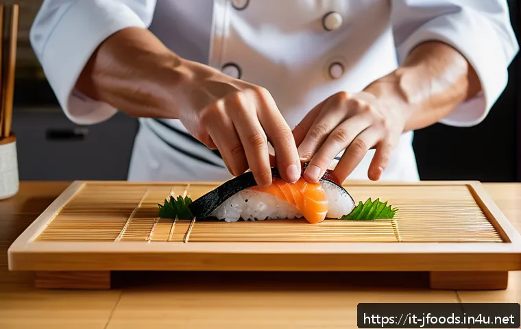일식조리사 실기 시험 체크리스트 - A professional Japanese sushi chef in a clean, organized kitchen preparing nigiri sushi with precise...