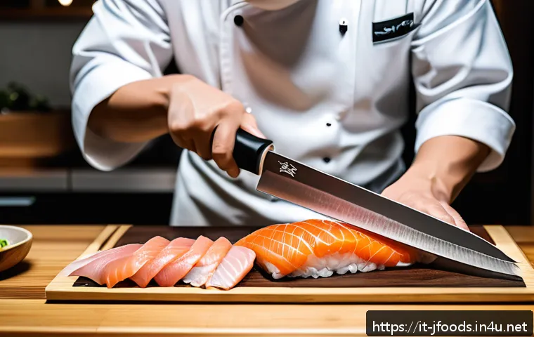 일식조리 기능사 실기시험 자주 묻는 질문 - A professional Japanese chef in a modern kitchen, carefully slicing fresh sashimi with a sharp Yanag...