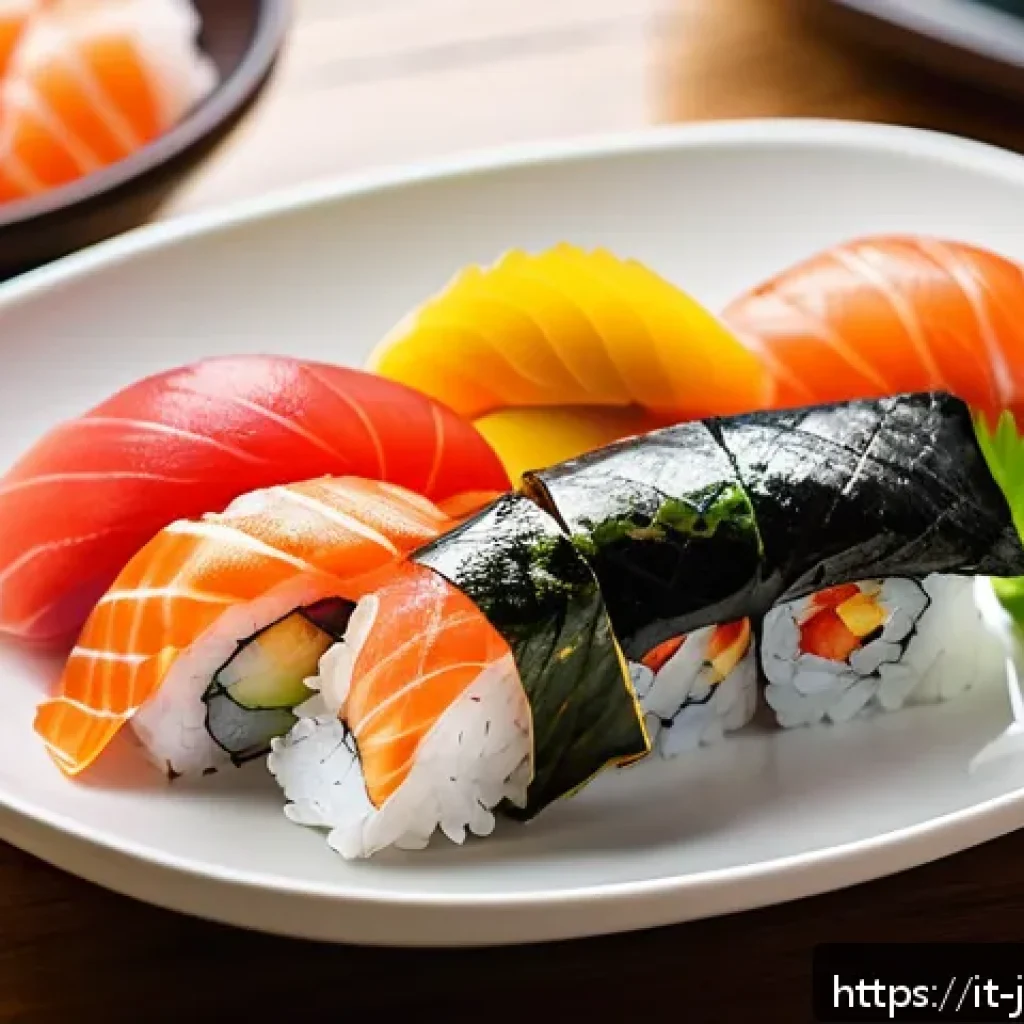일식조리 기능사 필기 합격 비법 - A beautifully arranged sushi platter showcasing traditional Japanese sushi types: nigiri with oval-s...
