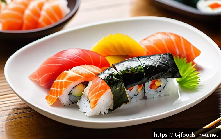 일식조리 기능사 필기 합격 비법 - A beautifully arranged sushi platter showcasing traditional Japanese sushi types: nigiri with oval-s...