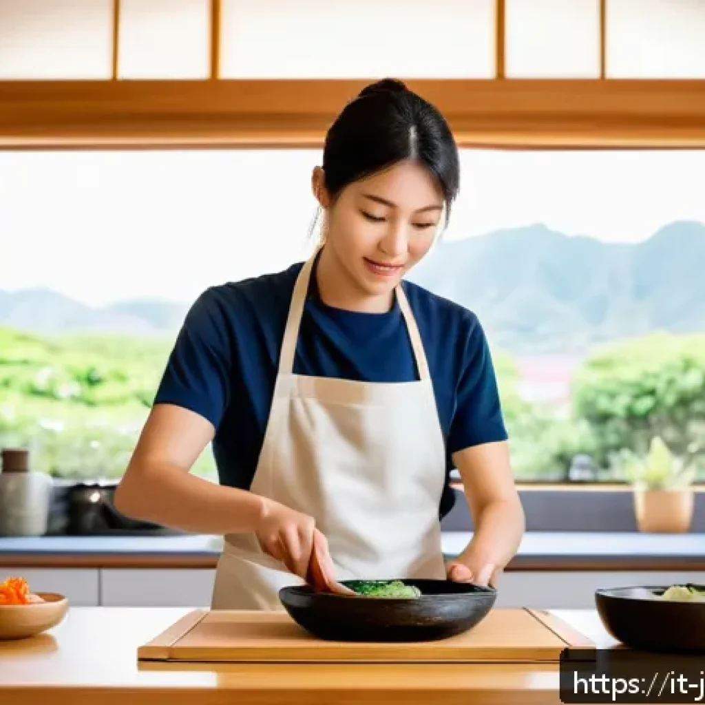 일식조리 기능사 시험 온라인 강의 추천 - A cozy home kitchen scene showing a young adult Italian learner practicing Japanese cooking techniqu...