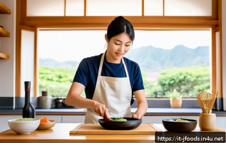 일식조리 기능사 시험 온라인 강의 추천 - A cozy home kitchen scene showing a young adult Italian learner practicing Japanese cooking techniqu...