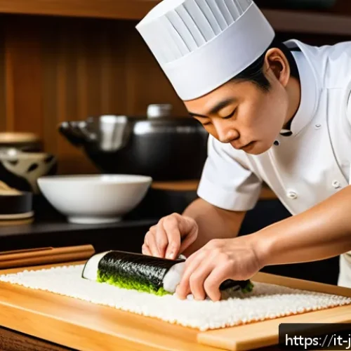 일식조리사와 호텔 요리사의 차이점 - A traditional Japanese sushi chef in a serene, minimalist kitchen setting, dressed in a crisp white ...