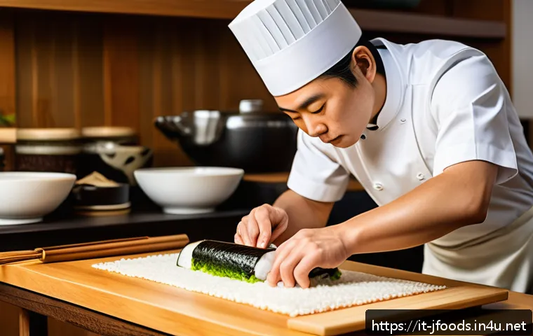 일식조리사와 호텔 요리사의 차이점 - A traditional Japanese sushi chef in a serene, minimalist kitchen setting, dressed in a crisp white ...
