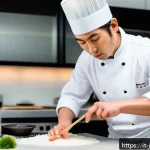일식조리 기능사 시험 자주 나오는 문제 - A professional Japanese chef in a modern kitchen carefully preparing sushi rice, showing detailed ha...