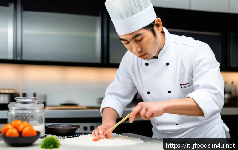 일식조리 기능사 시험 자주 나오는 문제 - A professional Japanese chef in a modern kitchen carefully preparing sushi rice, showing detailed ha...