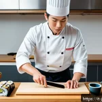일식조리 실기 시험 장소 선택 팁 - A professional Japanese cooking exam setup in a spacious, well-lit kitchen featuring traditional sus...