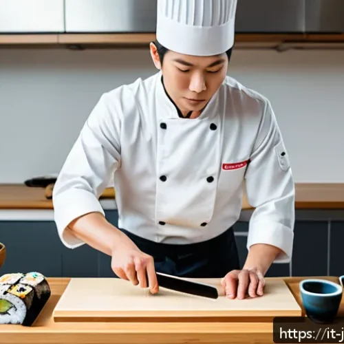 일식조리 실기 시험 장소 선택 팁 - A professional Japanese cooking exam setup in a spacious, well-lit kitchen featuring traditional sus...