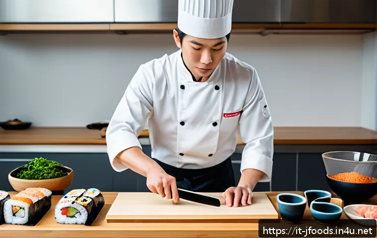 일식조리 실기 시험 장소 선택 팁 - A professional Japanese cooking exam setup in a spacious, well-lit kitchen featuring traditional sus...