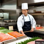일식조리사 경력 초기 실패 경험담 - A young Japanese sushi chef in a traditional white chef uniform and hat carefully selecting fresh, h...