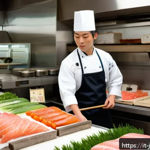 일식조리사 경력 초기 실패 경험담 - A young Japanese sushi chef in a traditional white chef uniform and hat carefully selecting fresh, h...