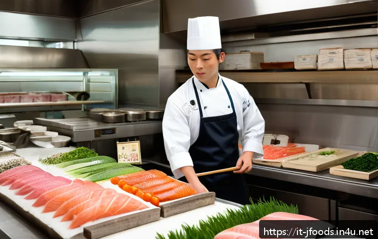 일식조리사 경력 초기 실패 경험담 - A young Japanese sushi chef in a traditional white chef uniform and hat carefully selecting fresh, h...