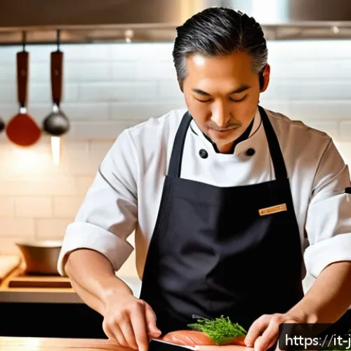 일식조리사로 일하며 겪는 문화적 차이 - A sophisticated Italian-Japanese fusion kitchen scene showing a Japanese chef in clean, professional...